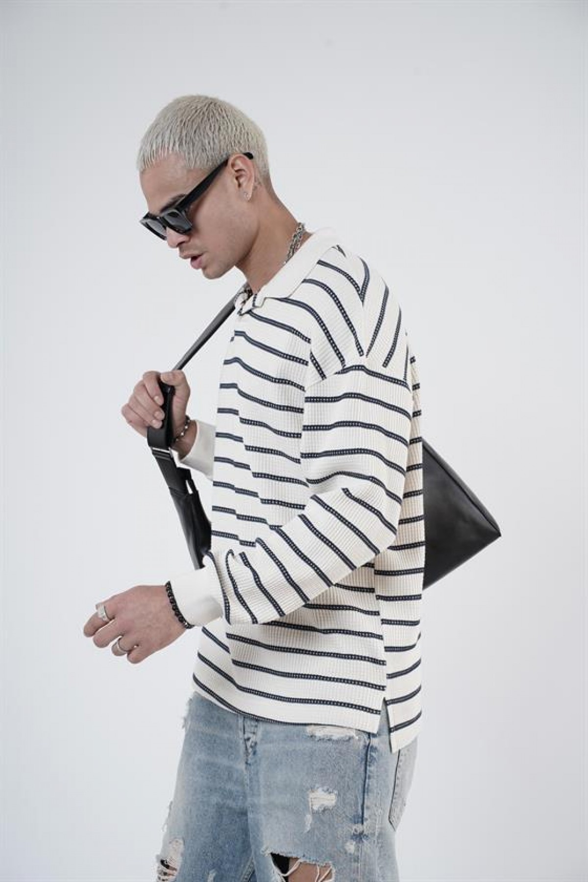 King Brich Polo Yaka Oversize Kalıp Çizgili Triko Kazak S