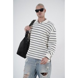 King Brich Polo Yaka Oversize Kalıp Çizgili Triko Kazak S