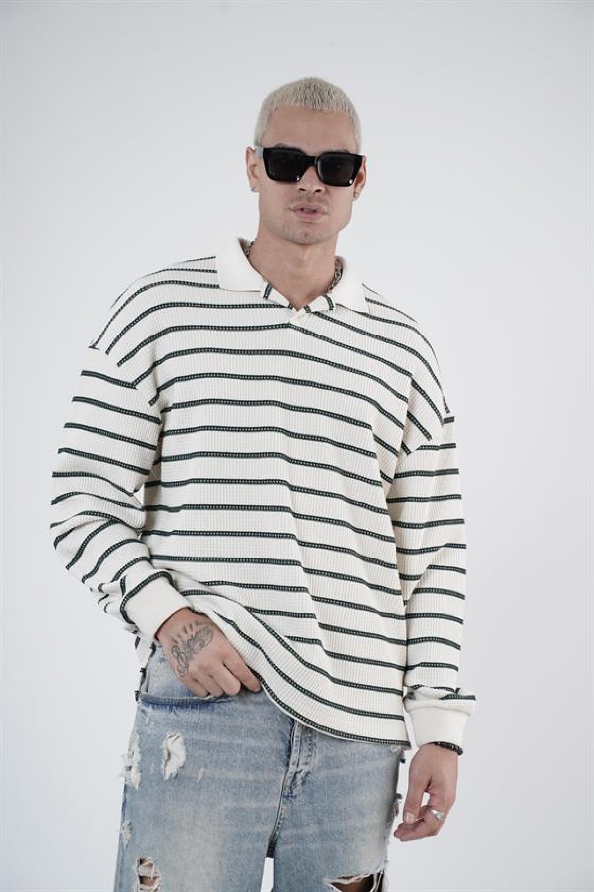 King Brich Polo Yaka Oversize Kalıp Çizgili Triko Kazak S