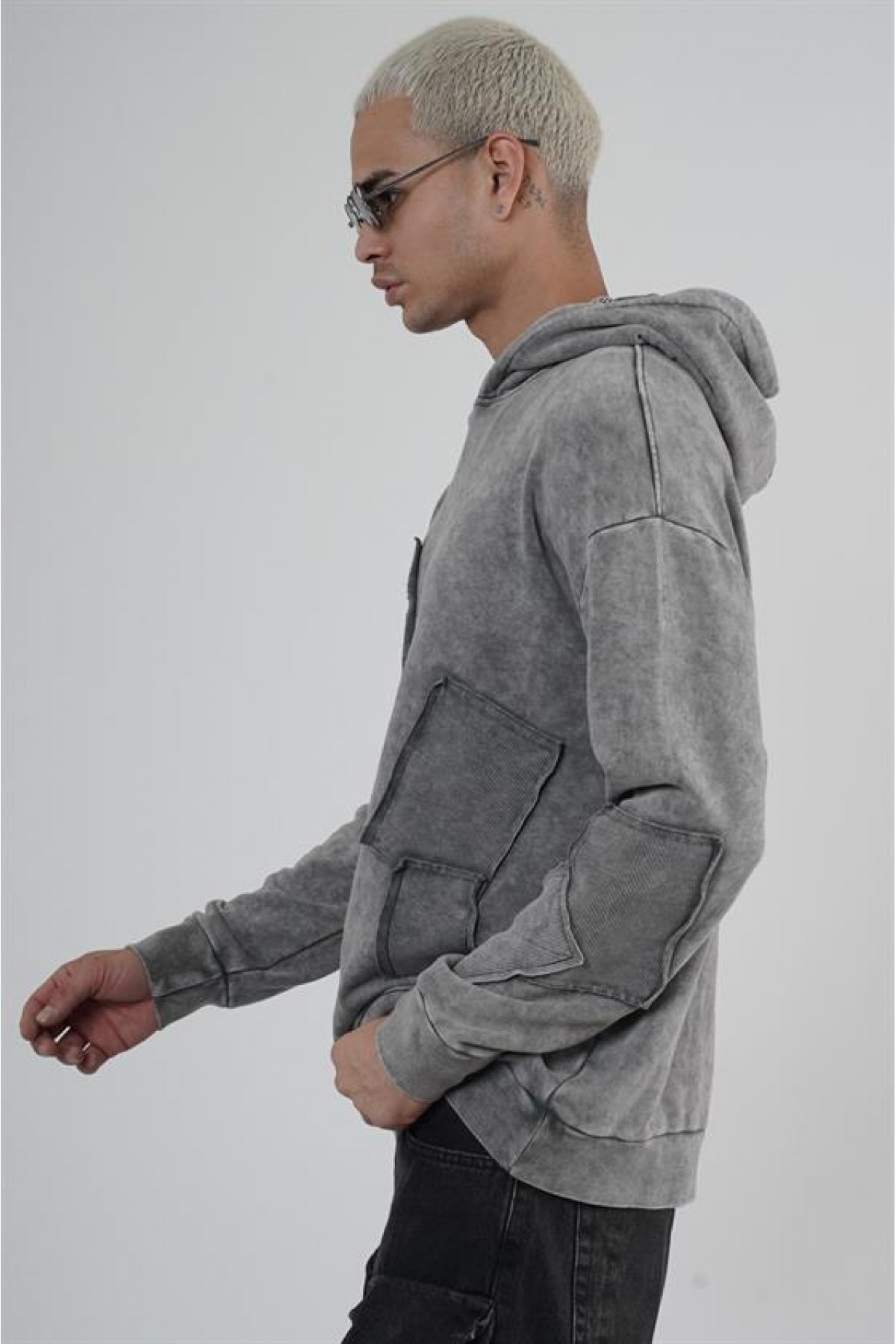 King Brich Yıkamalı Kapüşonlu Yama Detaylı Sweatshirt S