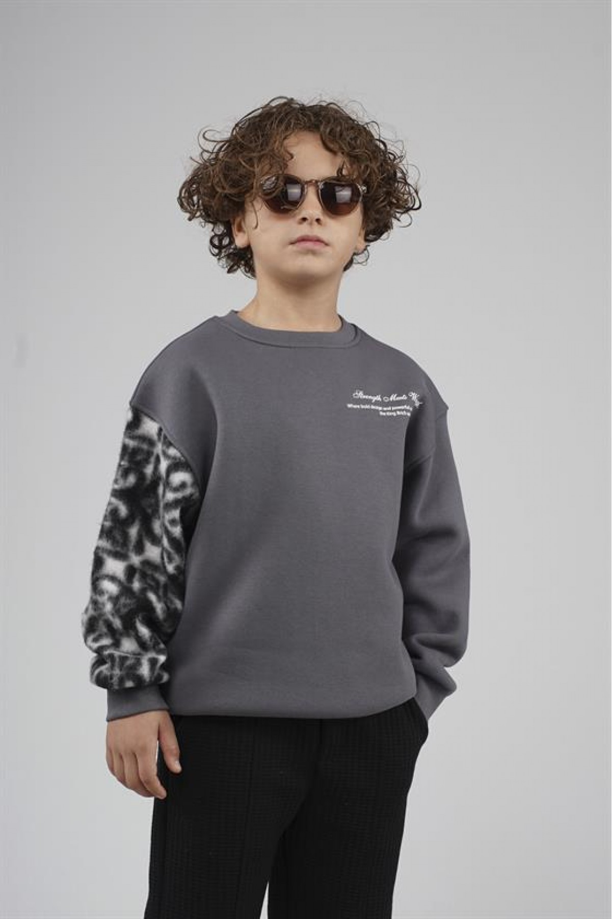 Kingbrich Kids Bisiklet Yaka Kolu Garnili Baskılı Çocuk Sweatshirt 7/8 YAŞ