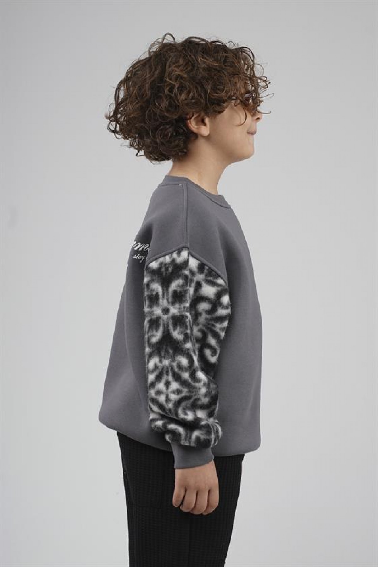 Kingbrich Kids Bisiklet Yaka Kolu Garnili Baskılı Çocuk Sweatshirt 7/8 YAŞ