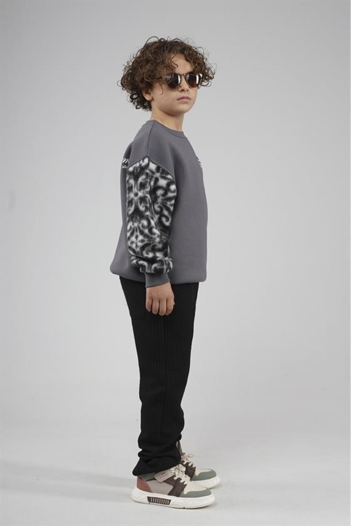 Kingbrich Kids Bisiklet Yaka Kolu Garnili Baskılı Çocuk Sweatshirt 7/8 YAŞ