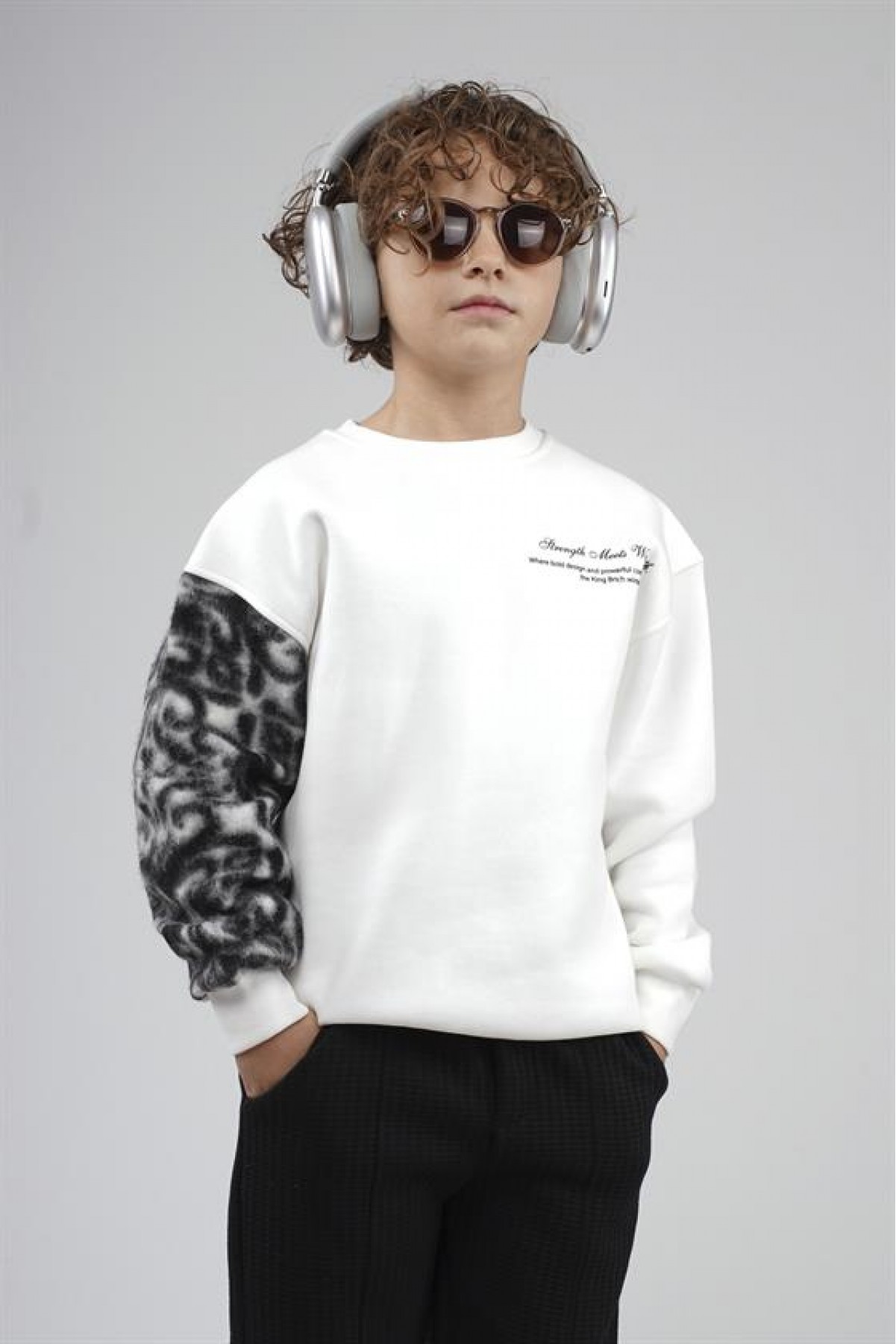 Kingbrich Kids Bisiklet Yaka Kolu Garnili Baskılı Çocuk Sweatshirt 7/8 YAŞ