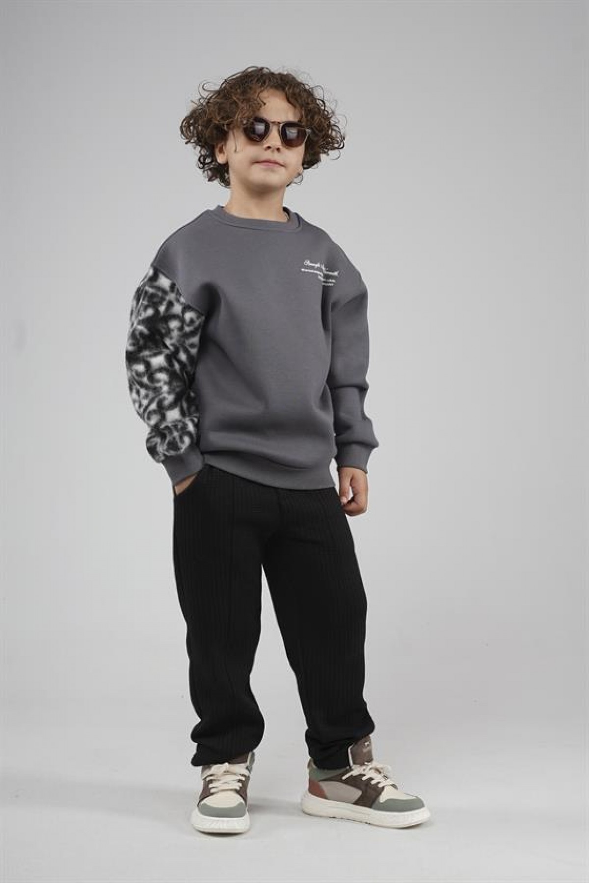 Kingbrich Kids Bisiklet Yaka Kolu Garnili Baskılı Çocuk Sweatshirt 7/8 YAŞ