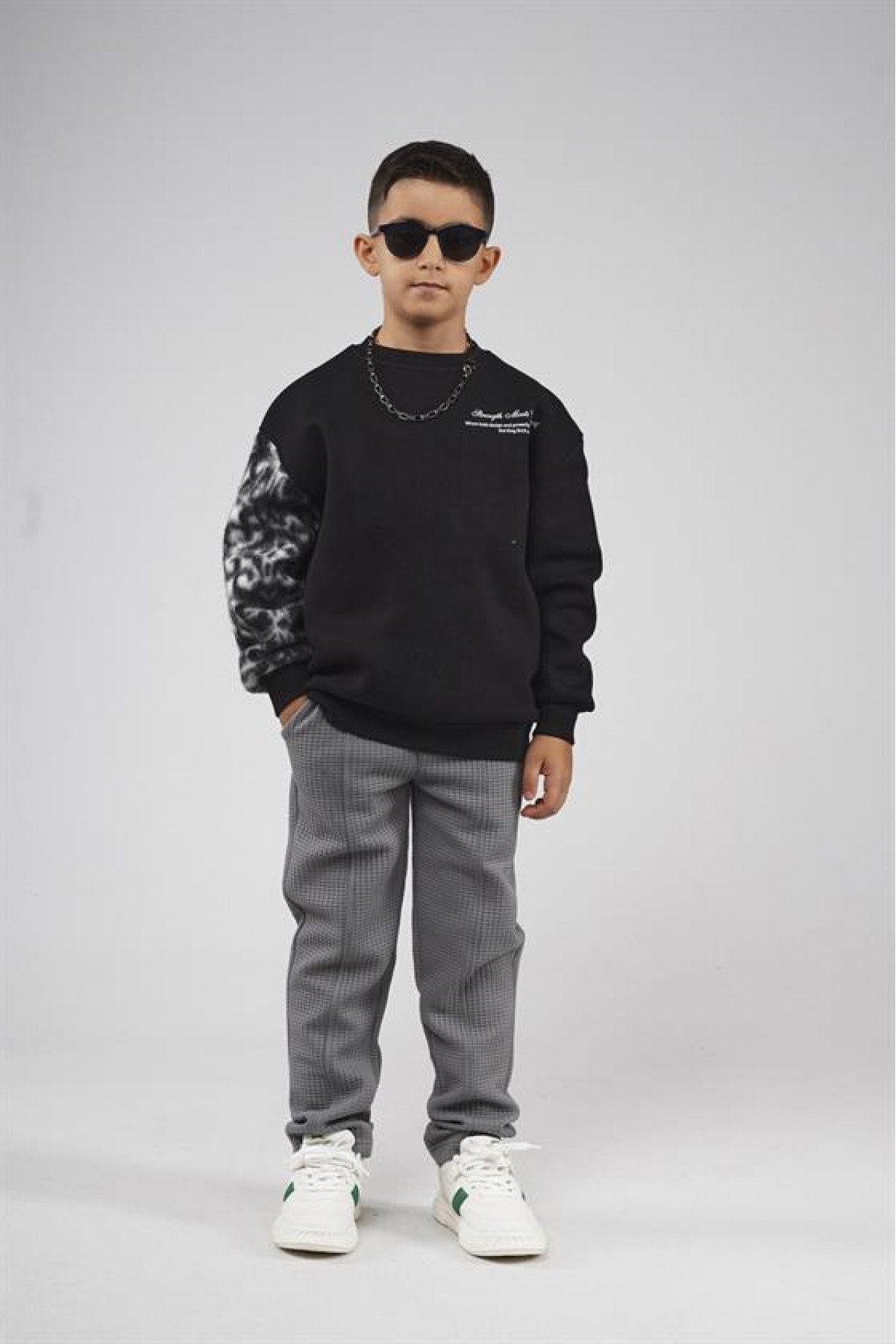 Kingbrich Kids Bisiklet Yaka Kolu Garnili Baskılı Çocuk Sweatshirt 7/8 YAŞ
