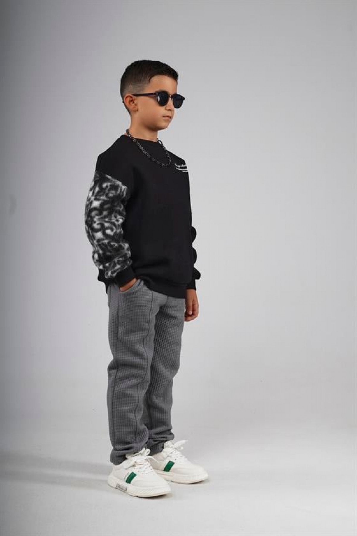 Kingbrich Kids Bisiklet Yaka Kolu Garnili Baskılı Çocuk Sweatshirt 7/8 YAŞ