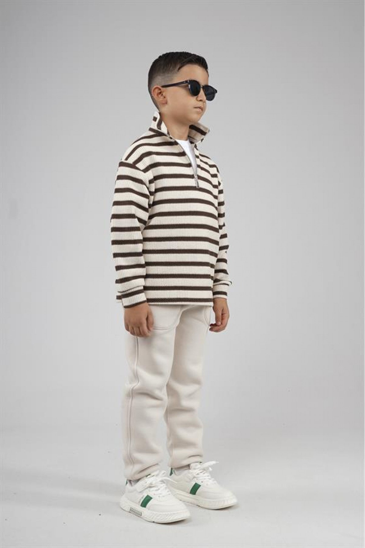 Kingbrich Kids Oversize Kalıp Çizgili Yakası Fermuarlı Sweatshirt 7/8 YAŞ