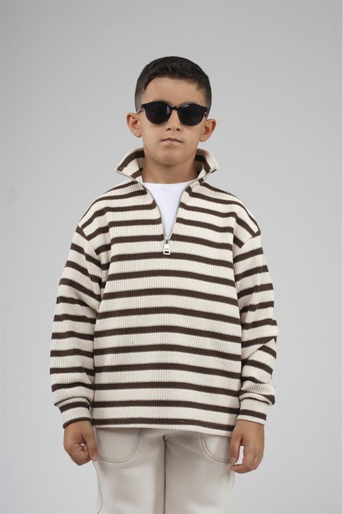 Kingbrich Kids Oversize Kalıp Çizgili Yakası Fermuarlı Sweatshirt 7/8 YAŞ