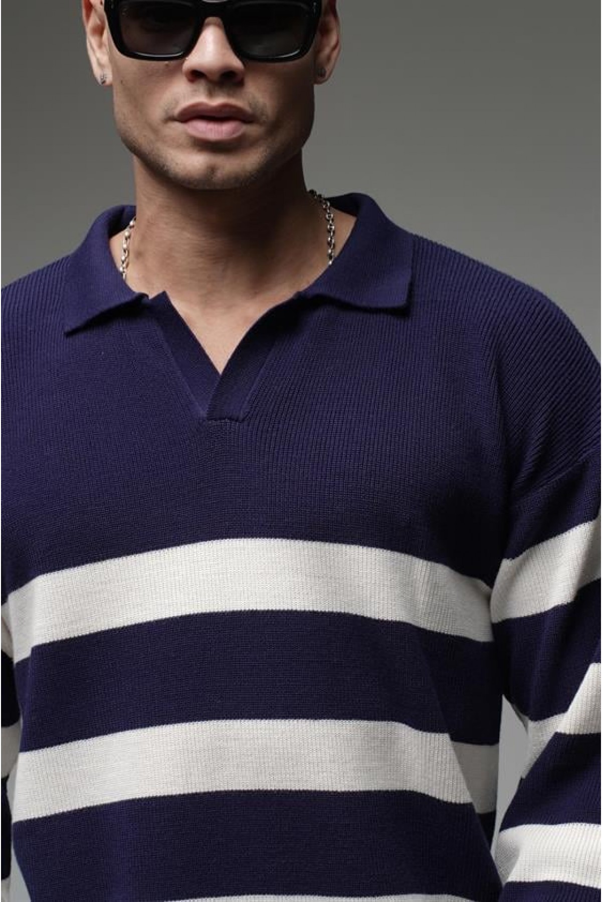 Kingbrich Polo Yaka Çizgili Oversize Kalıp Erkek Kazak S