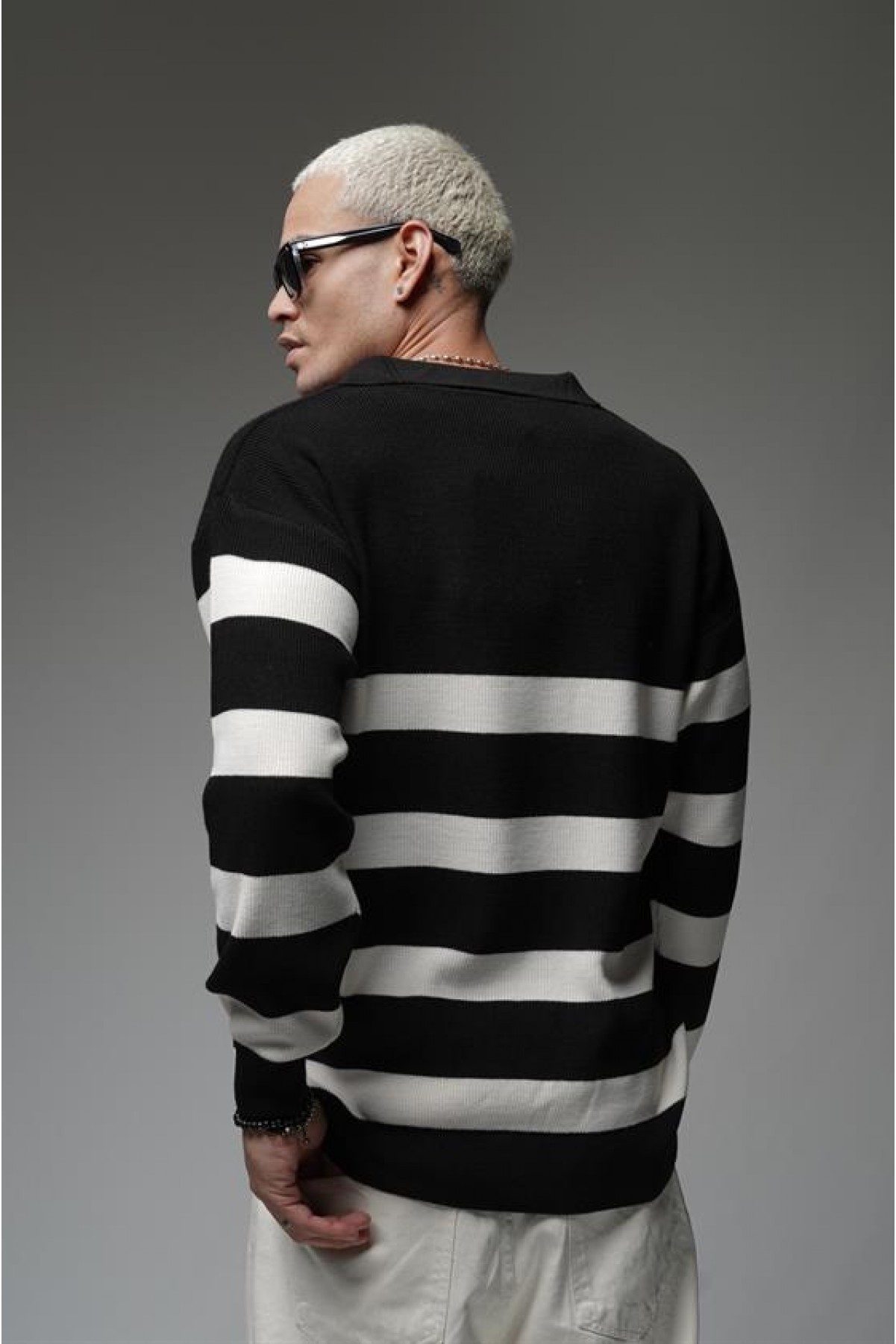 Kingbrich Polo Yaka Çizgili Oversize Kalıp Erkek Kazak S