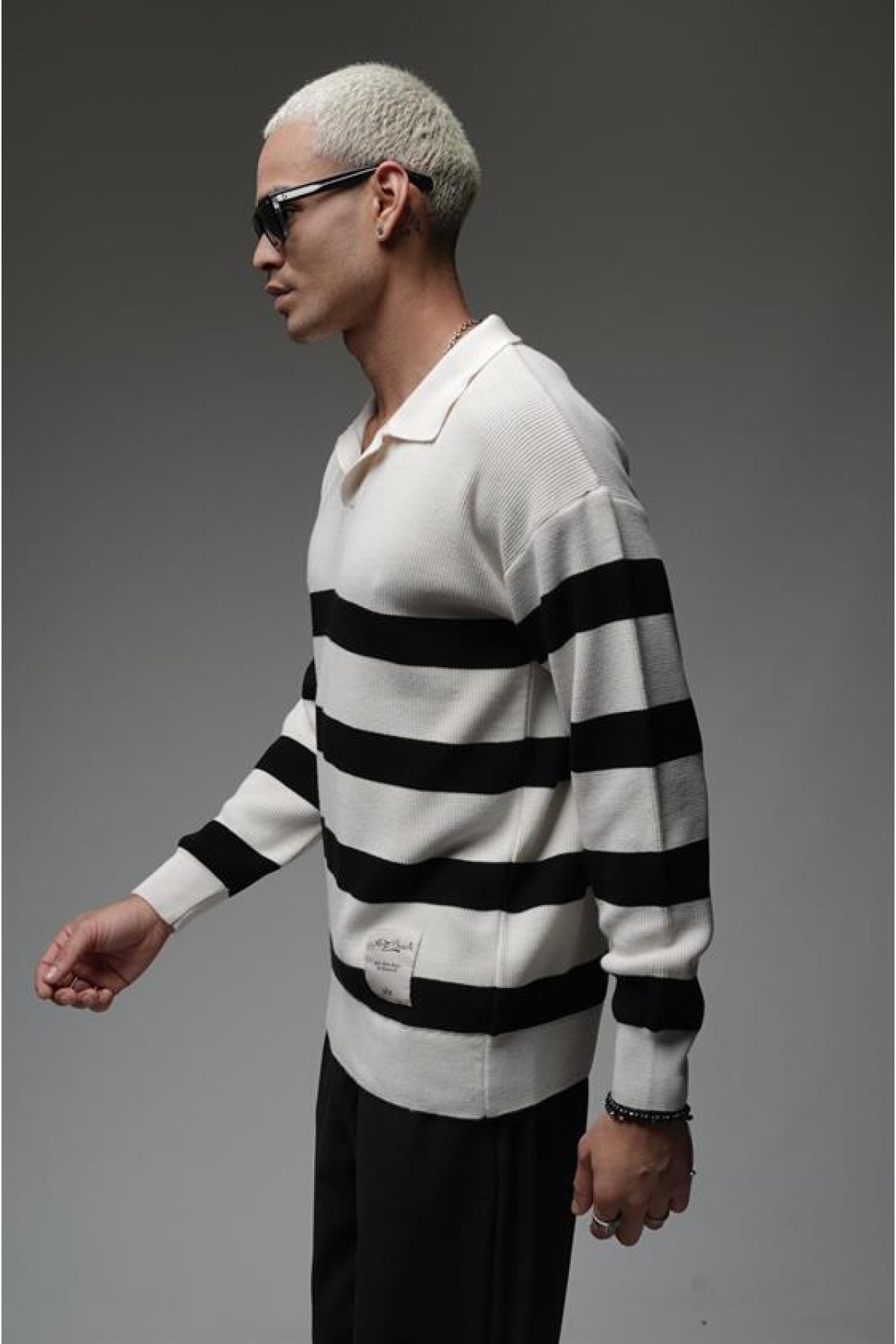 Kingbrich Polo Yaka Çizgili Oversize Kalıp Erkek Kazak S