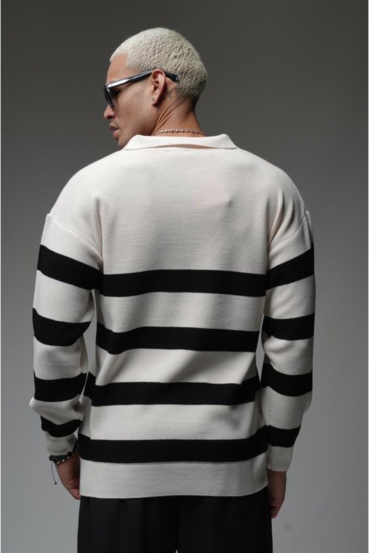 Kingbrich Polo Yaka Çizgili Oversize Kalıp Erkek Kazak S