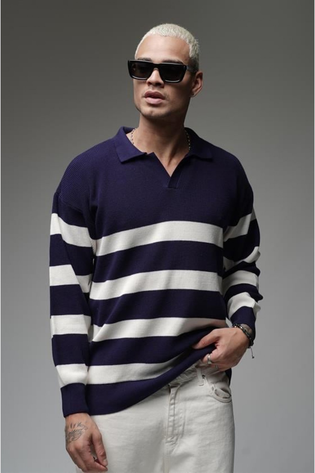 Kingbrich Polo Yaka Çizgili Oversize Kalıp Erkek Kazak S