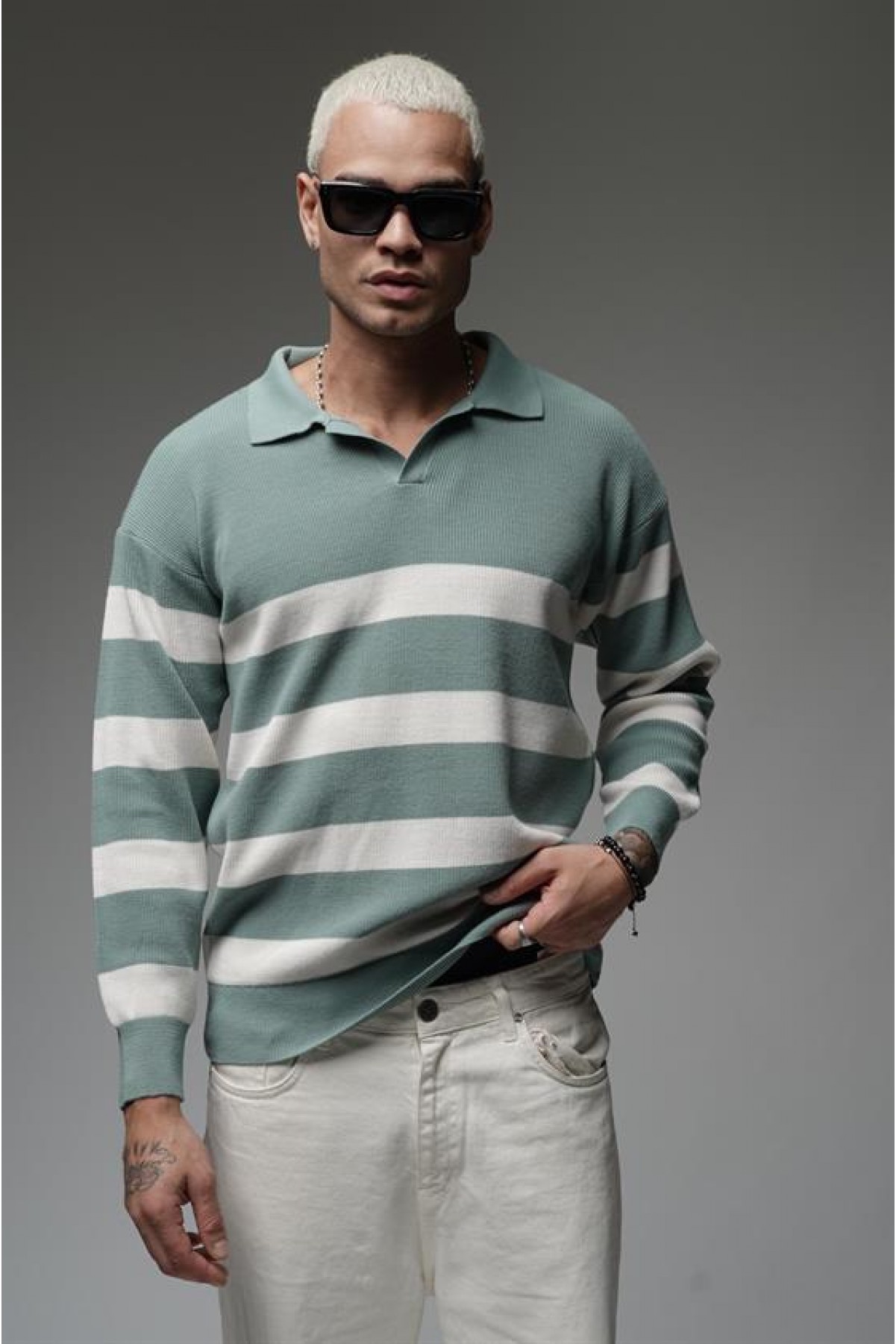 Kingbrich Polo Yaka Çizgili Oversize Kalıp Erkek Kazak S