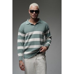 Kingbrich Polo Yaka Çizgili Oversize Kalıp Erkek Kazak S