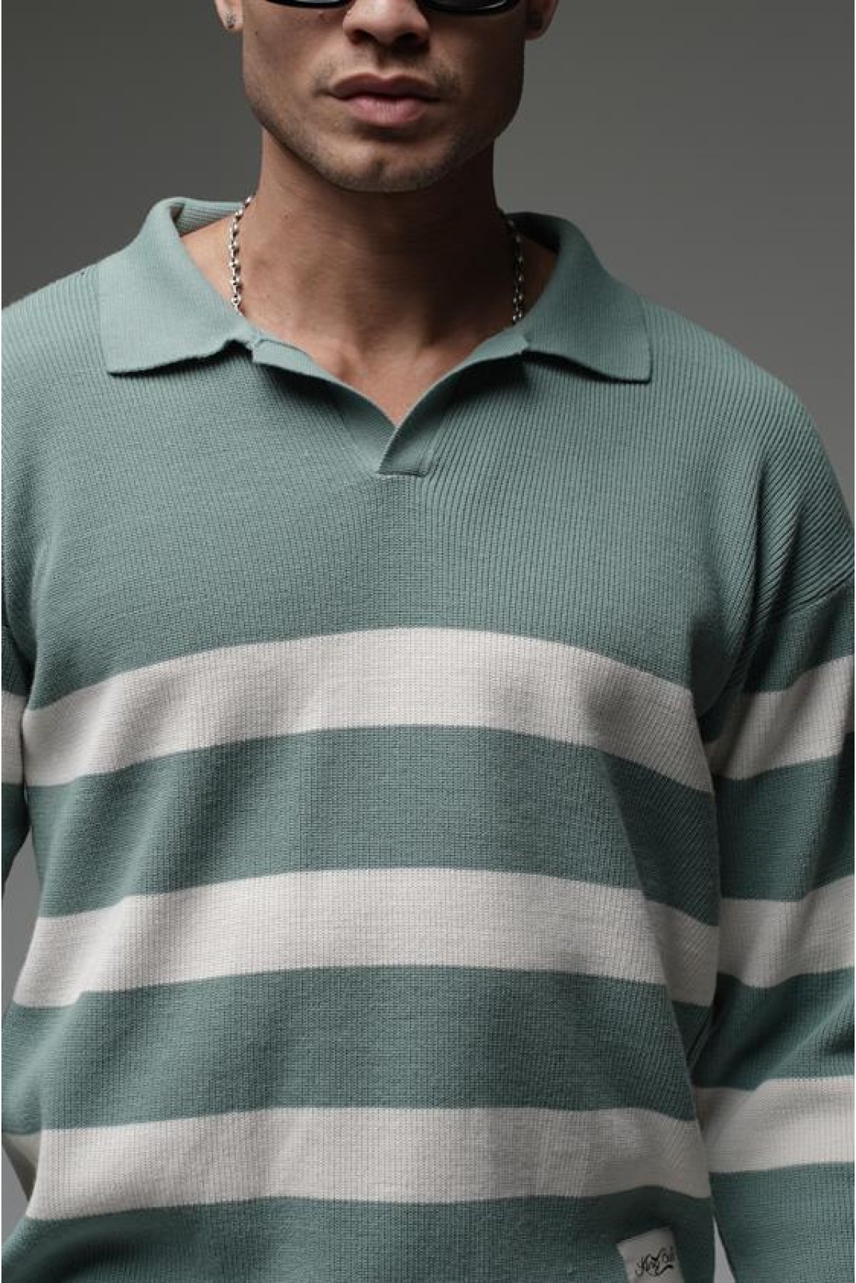 Kingbrich Polo Yaka Çizgili Oversize Kalıp Erkek Kazak S