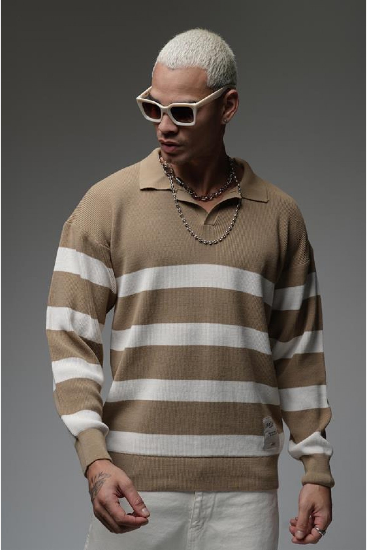 Kingbrich Polo Yaka Çizgili Oversize Kalıp Erkek Kazak S