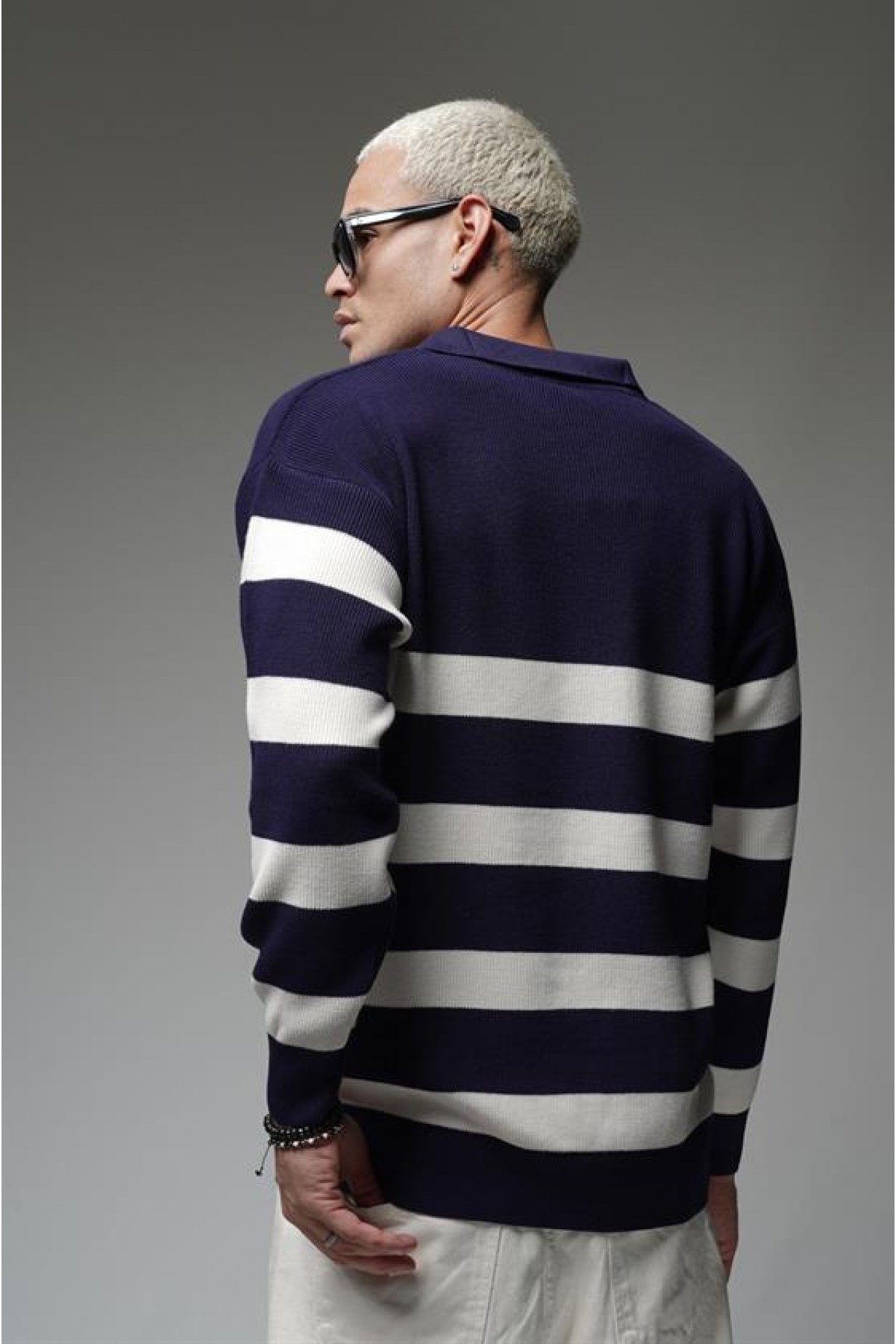 Kingbrich Polo Yaka Çizgili Oversize Kalıp Erkek Kazak S