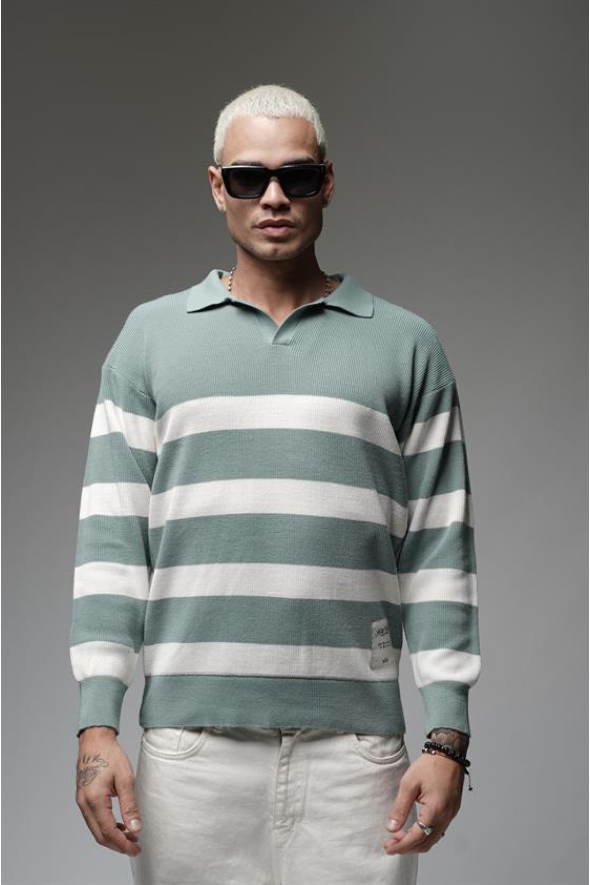 Kingbrich Polo Yaka Çizgili Oversize Kalıp Erkek Kazak S