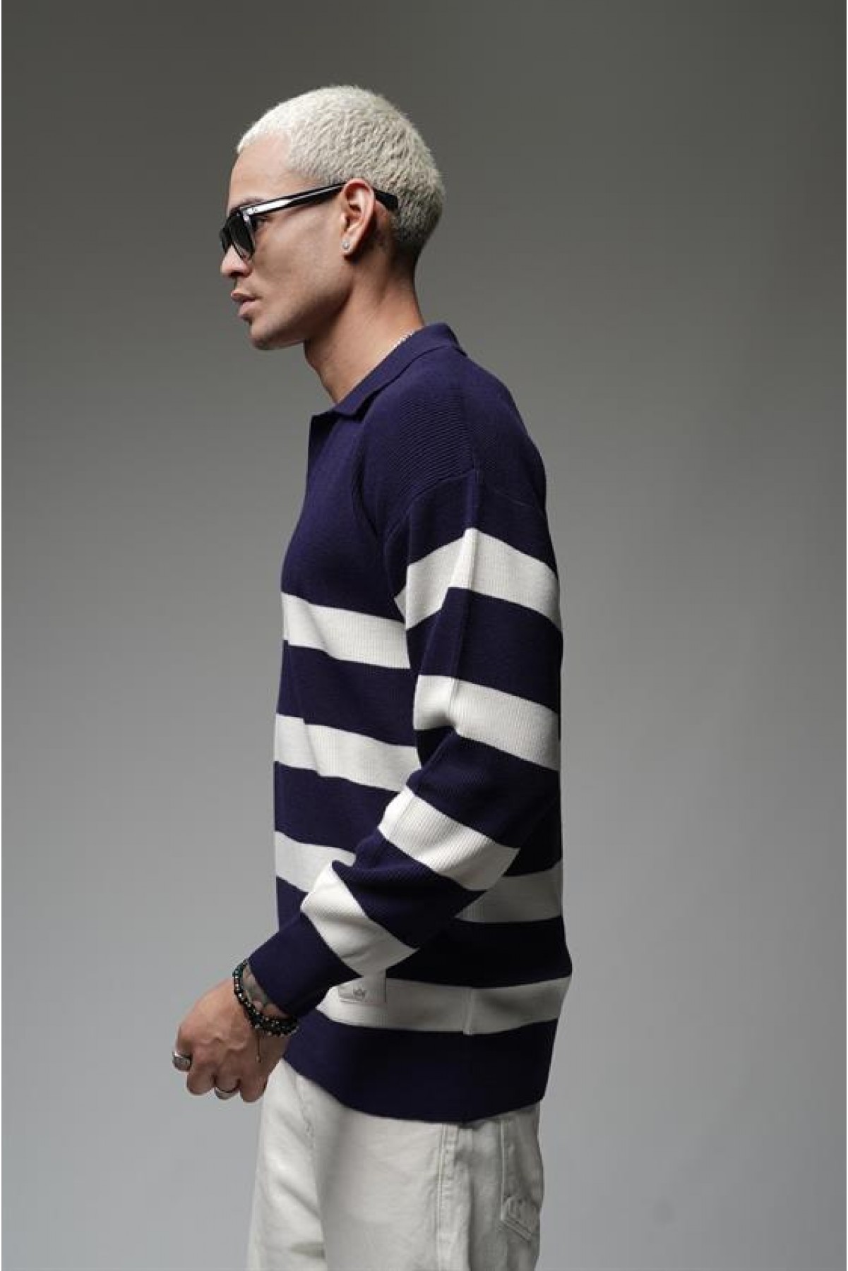 Kingbrich Polo Yaka Çizgili Oversize Kalıp Erkek Kazak S