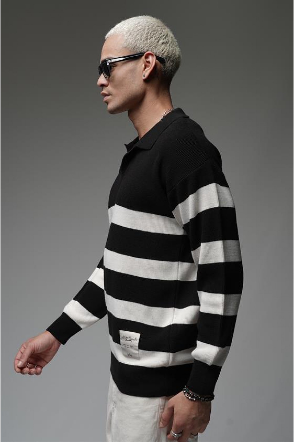 Kingbrich Polo Yaka Çizgili Oversize Kalıp Erkek Kazak S