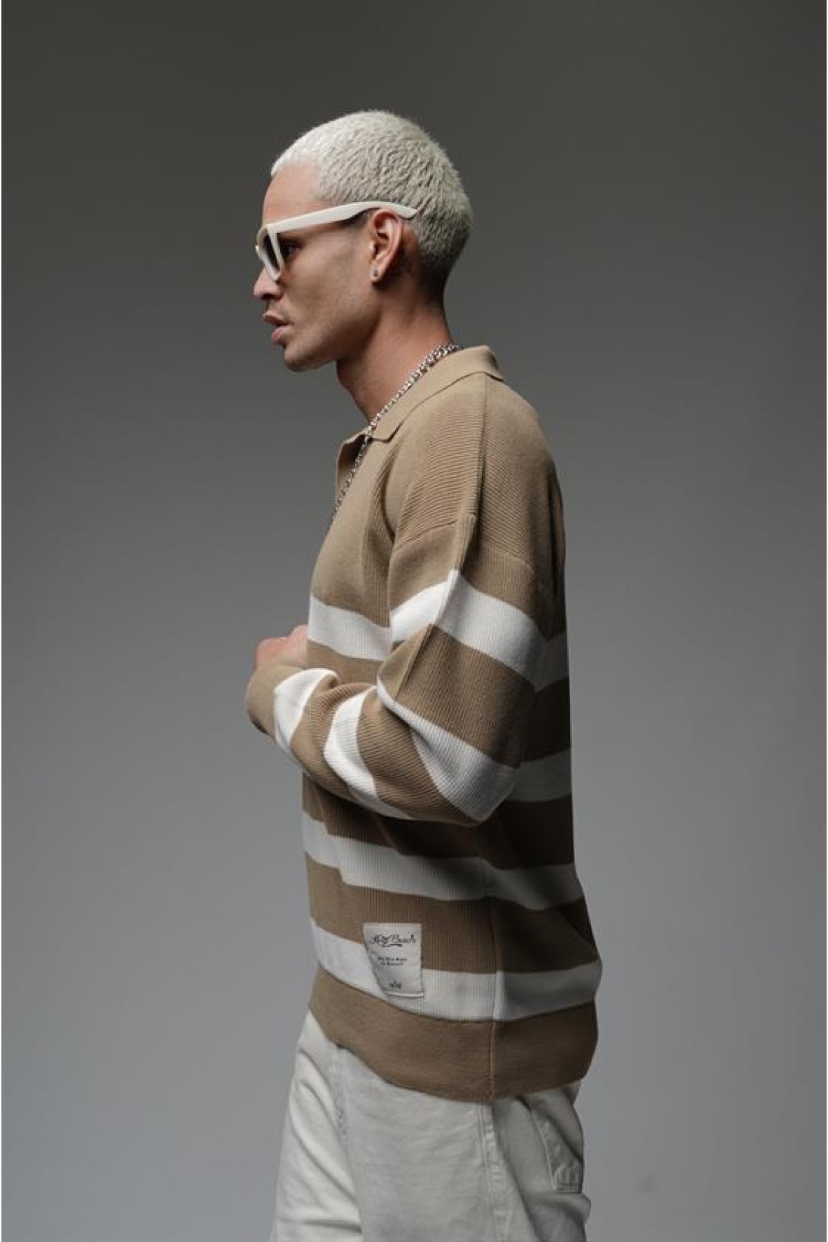 Kingbrich Polo Yaka Çizgili Oversize Kalıp Erkek Kazak S