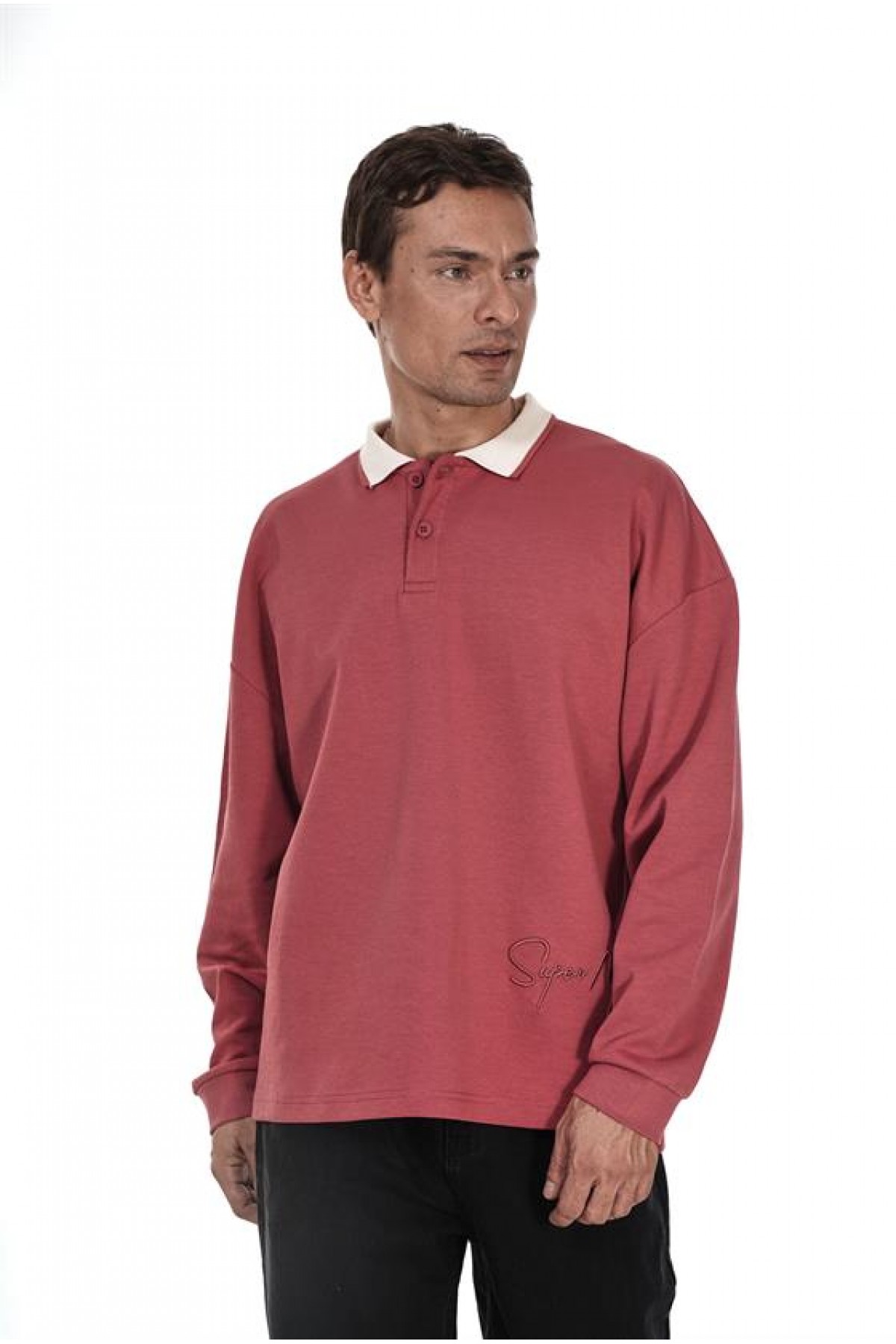 Kingbrich Polo Yaka Nakış Detaylı Oversize Kalıp Erkek Sweatshirt S