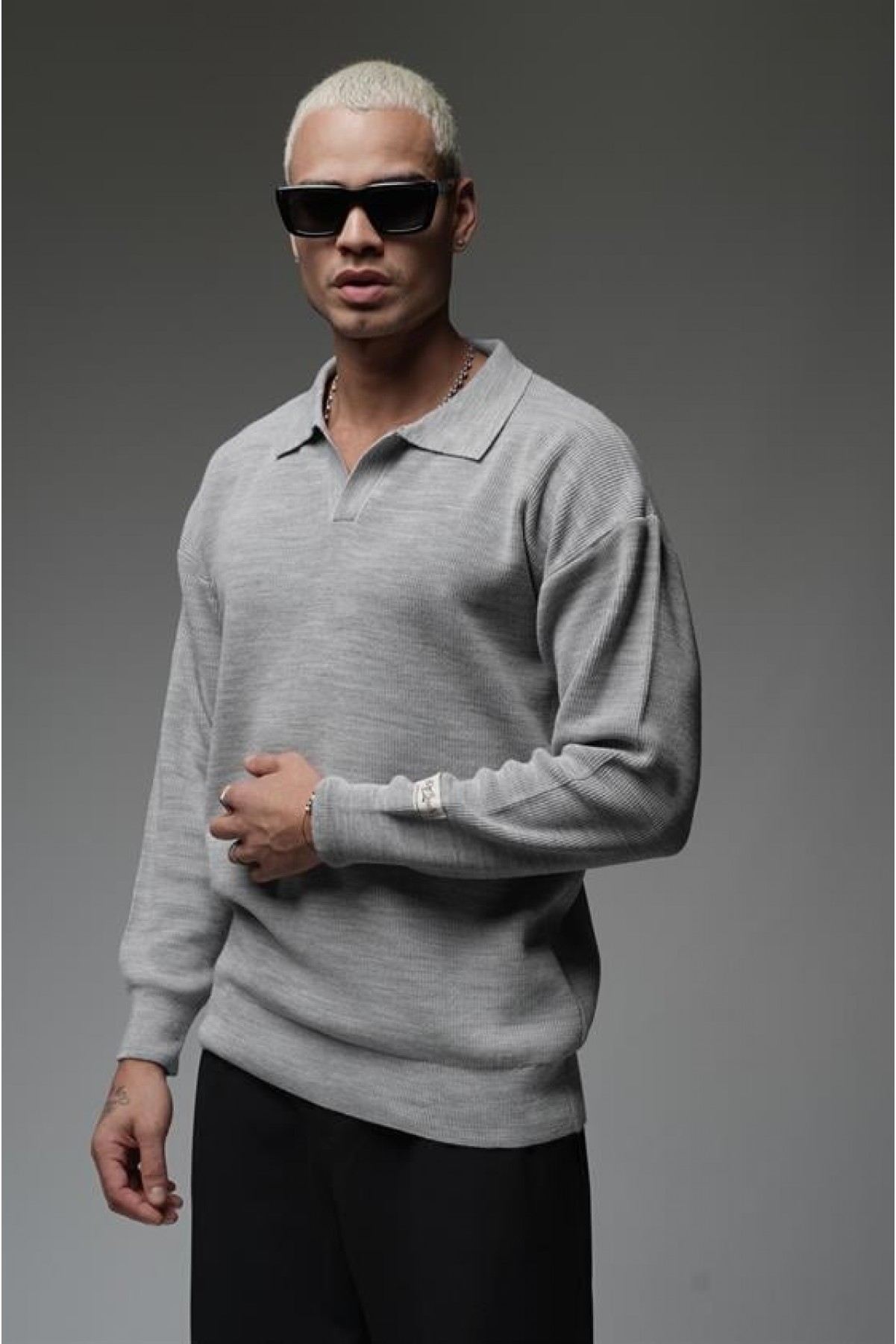 Kingbrich Polo Yaka Oversize Kalıp Erkek Triko Kazak S