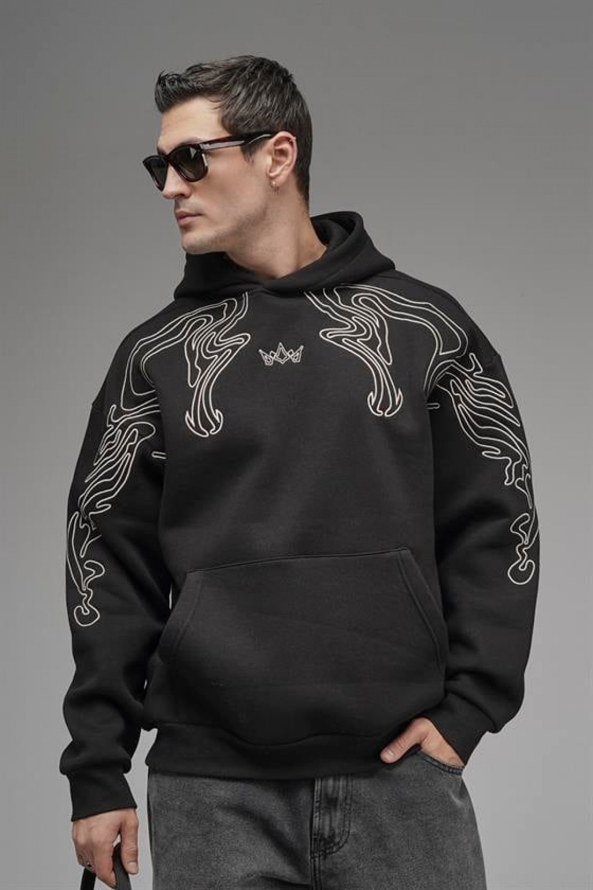 Nakış Detaylı Oversize Kalıp Kapüşonlu Sweatshirt S