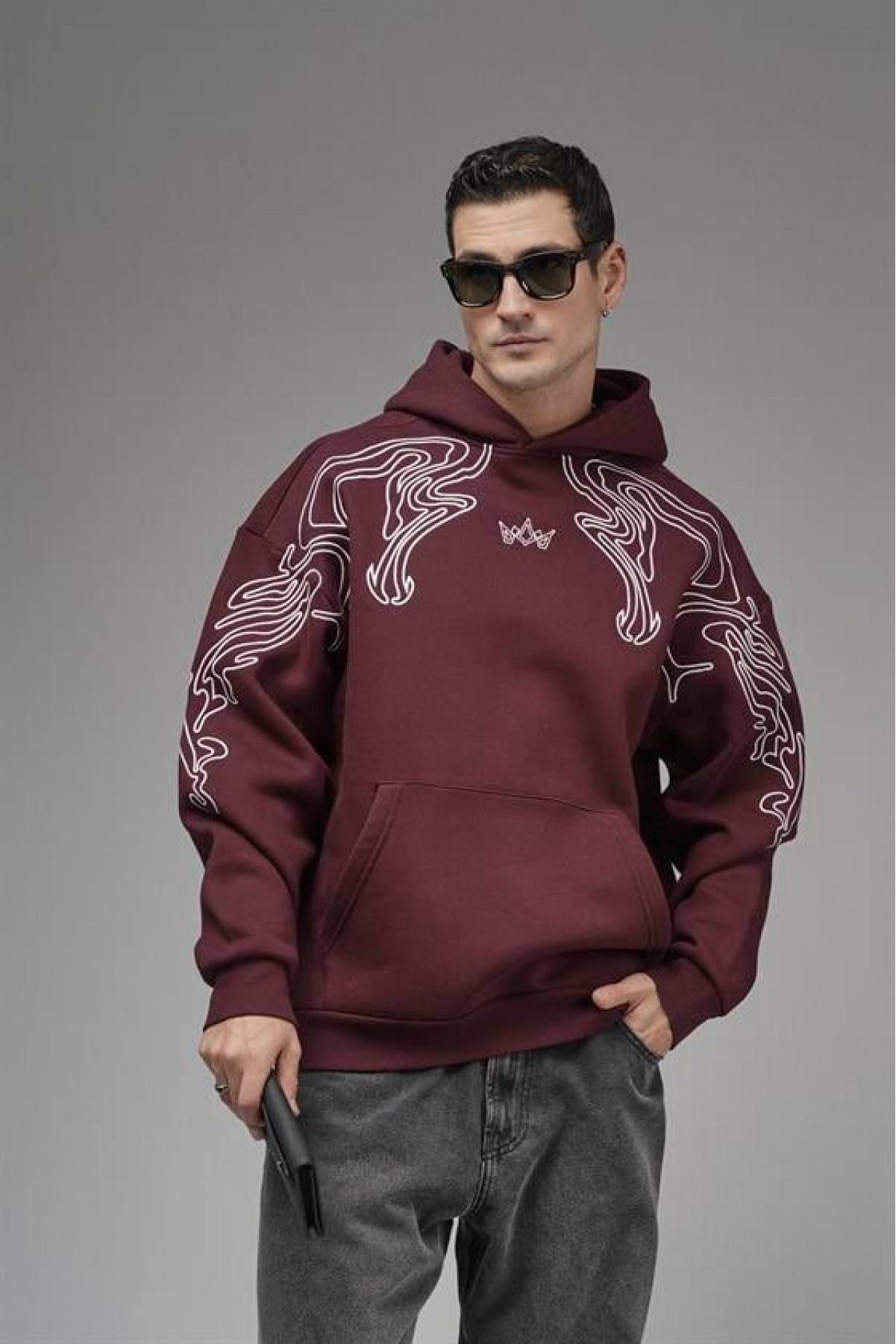 Nakış Detaylı Oversize Kalıp Kapüşonlu Sweatshirt S