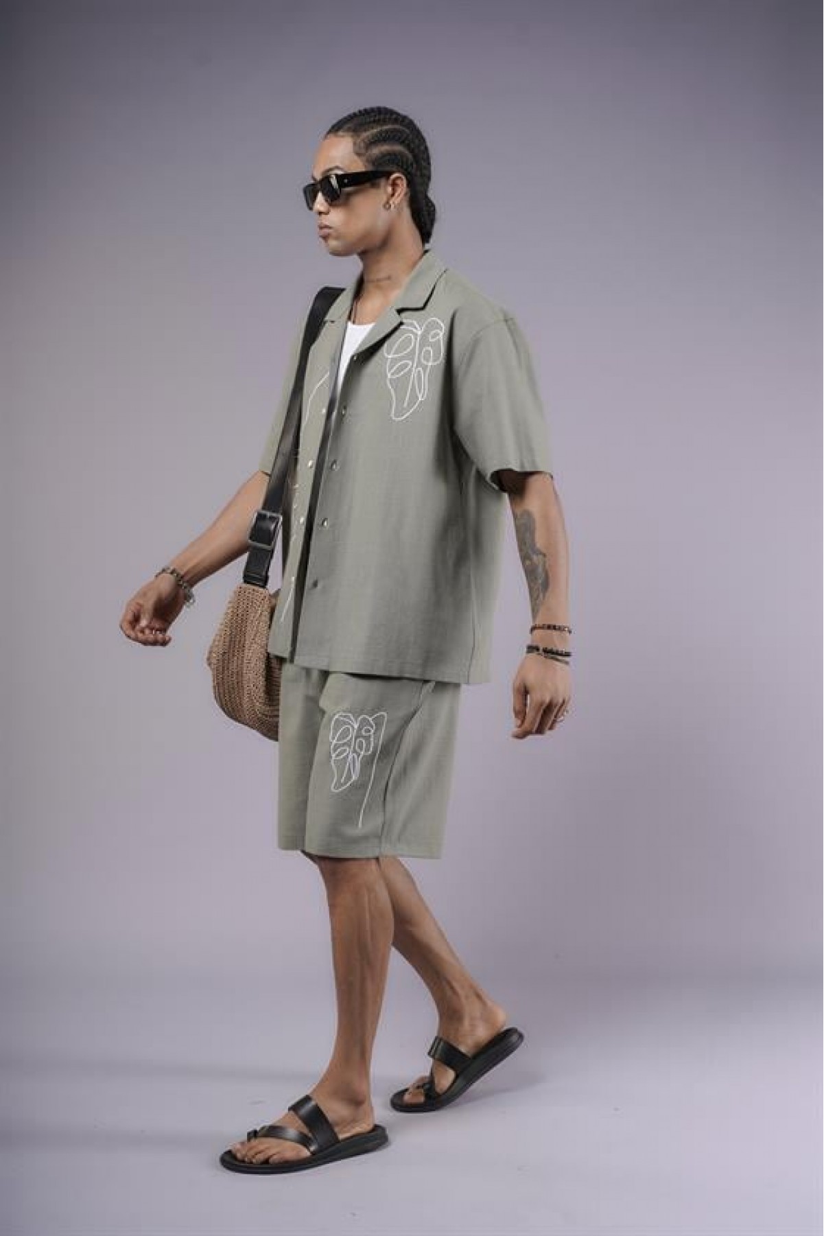 Nakış Detaylı Pamuk Keten Şort Takım S