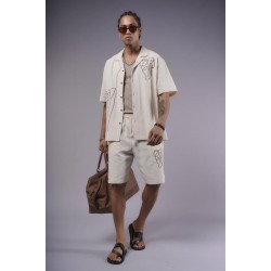 Nakış Detaylı Pamuk Keten Şort Takım S