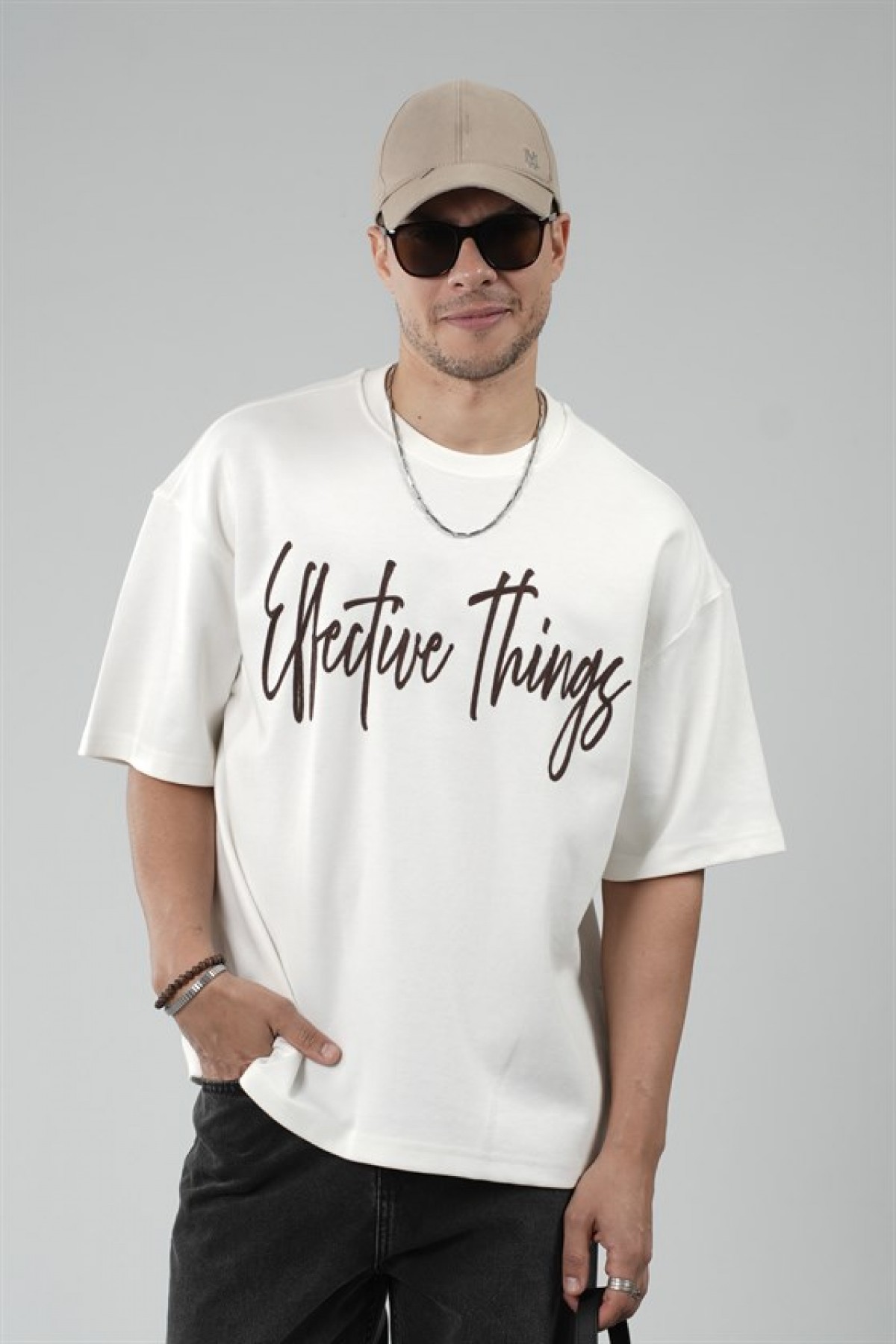 Oversize Kalıp Effective Things Yazılı Basic Tişört S