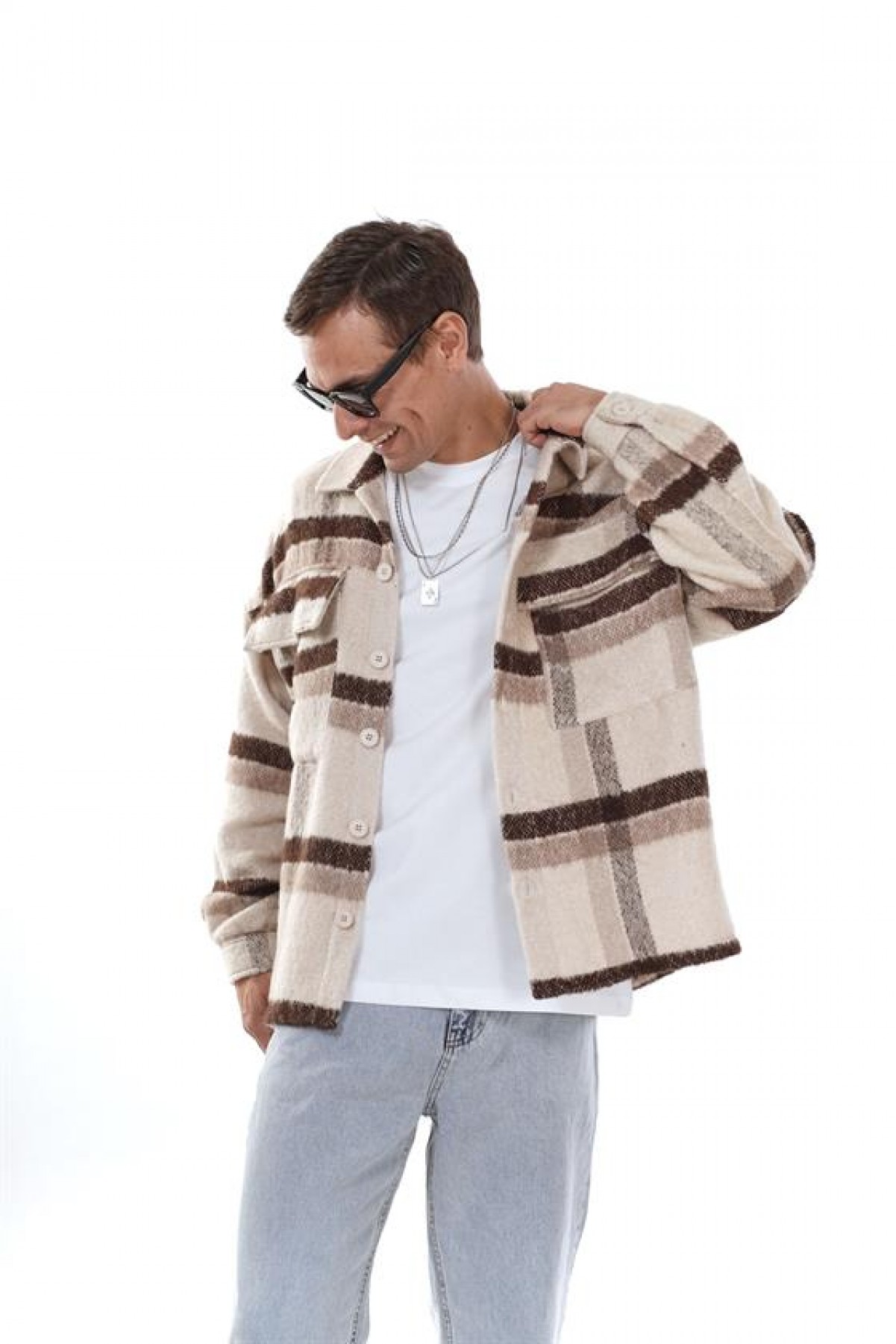 Oversize Kalıp Unisex Cepli Kaşe Oduncu Gömlek S