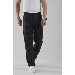 Pileli Baggy Fit Kalıp Pamuklu Keten Çizgili Pantolon S