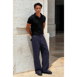 Pileli Baggy Fit Kalıp Pamuklu Keten Çizgili Pantolon S