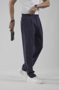 Pileli Baggy Fit Kalıp Pamuklu Keten Çizgili Pantolon S