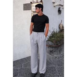 Pileli Baggy Fit Kalıp Pamuklu Keten Çizgili Pantolon S