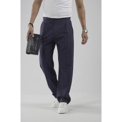 Pileli Baggy Fit Kalıp Pamuklu Keten Çizgili Pantolon S