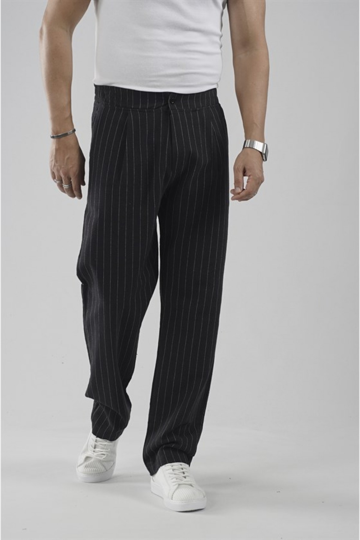 Pileli Baggy Fit Kalıp Pamuklu Keten Çizgili Pantolon S