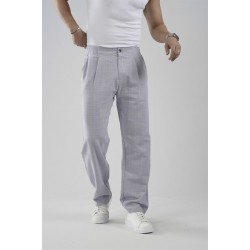 Pileli Baggy Fit Kalıp Pamuklu Keten Çizgili Pantolon S