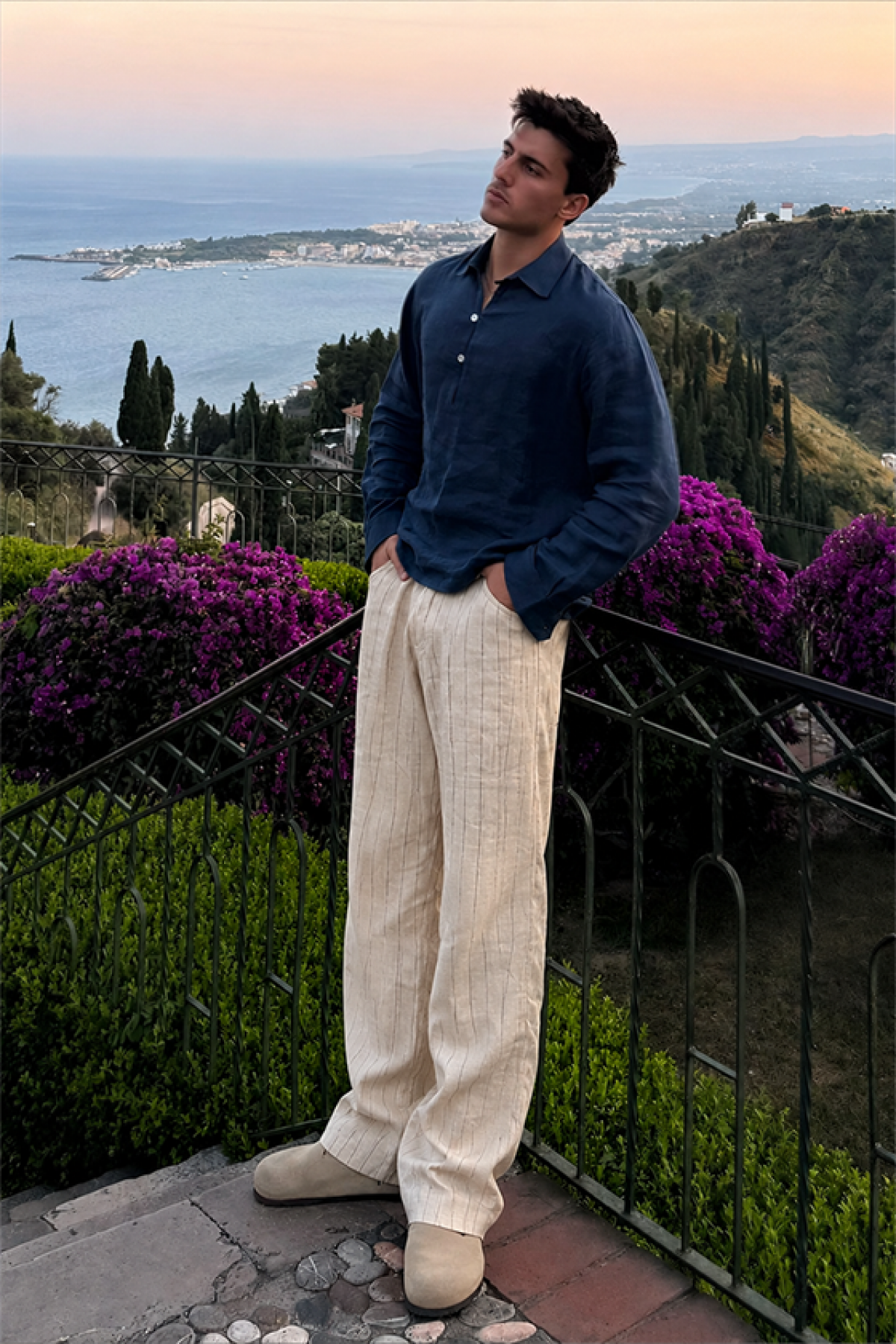 Pileli Baggy Fit Kalıp Pamuklu Keten Çizgili Pantolon S