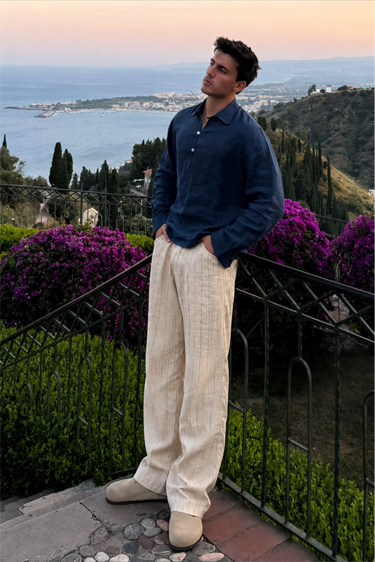 Pileli Baggy Fit Kalıp Pamuklu Keten Çizgili Pantolon S