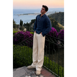 Pileli Baggy Fit Kalıp Pamuklu Keten Çizgili Pantolon S