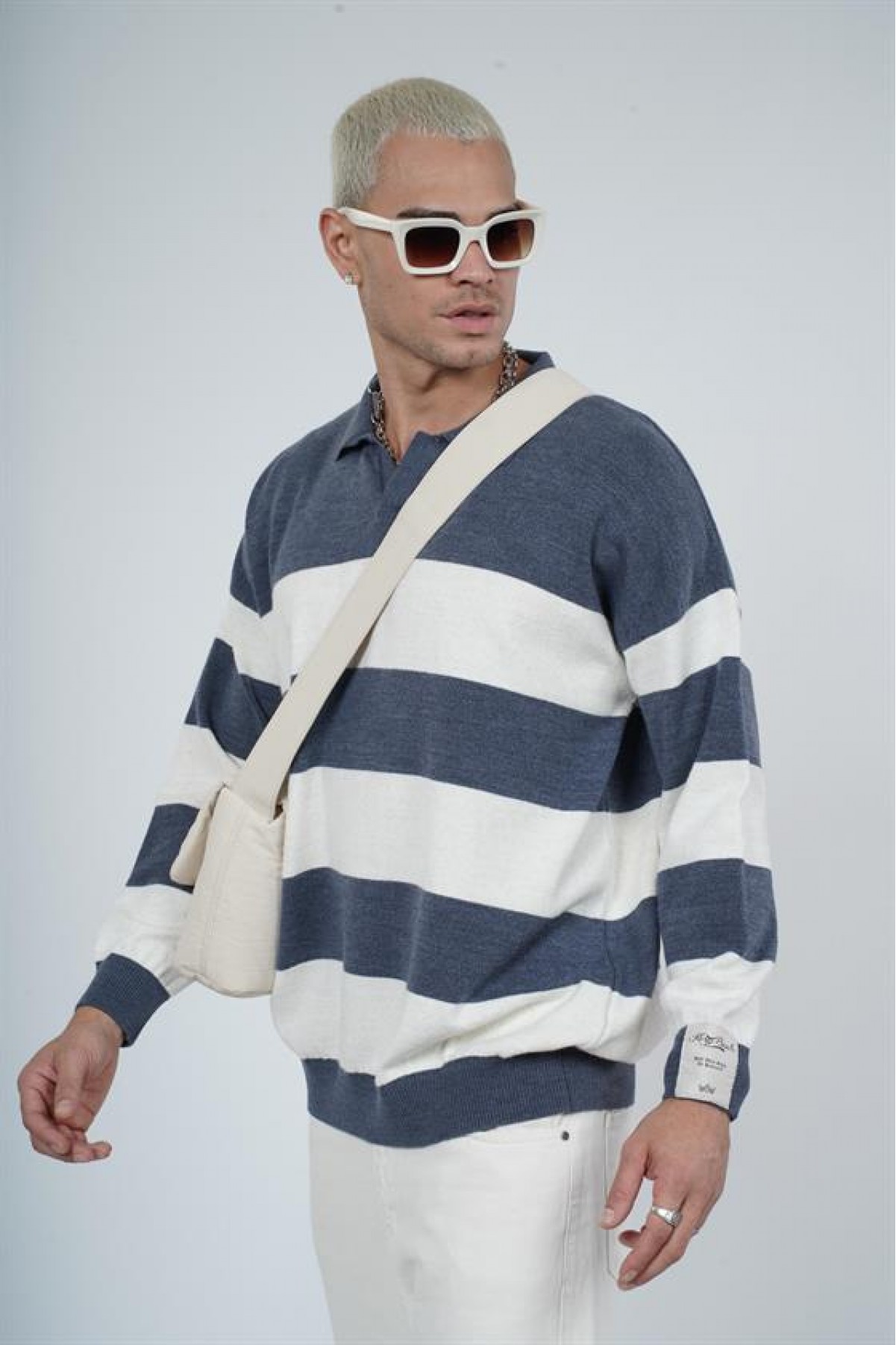 Polo Yaka Çizgili Erkek Oversize Kalıp Kazak S