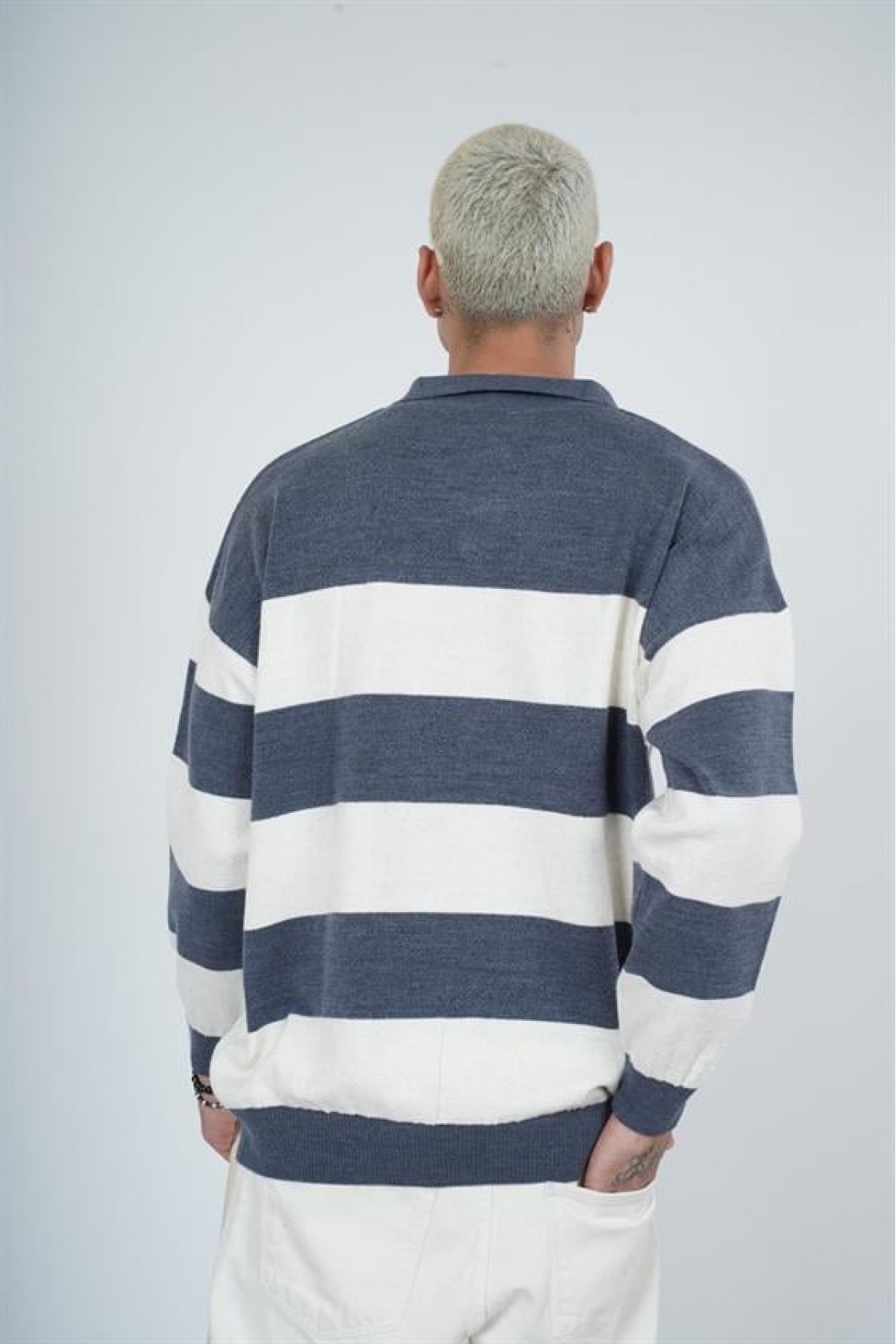 Polo Yaka Çizgili Erkek Oversize Kalıp Kazak S