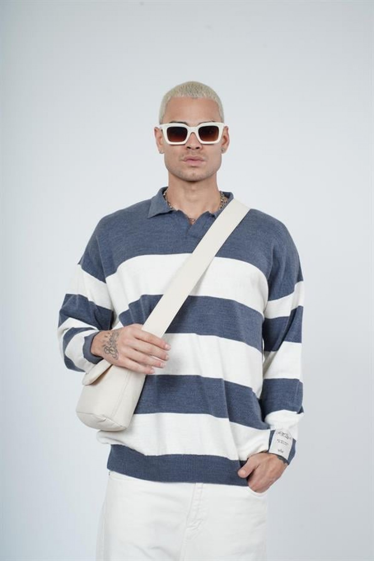 Polo Yaka Çizgili Erkek Oversize Kalıp Kazak S