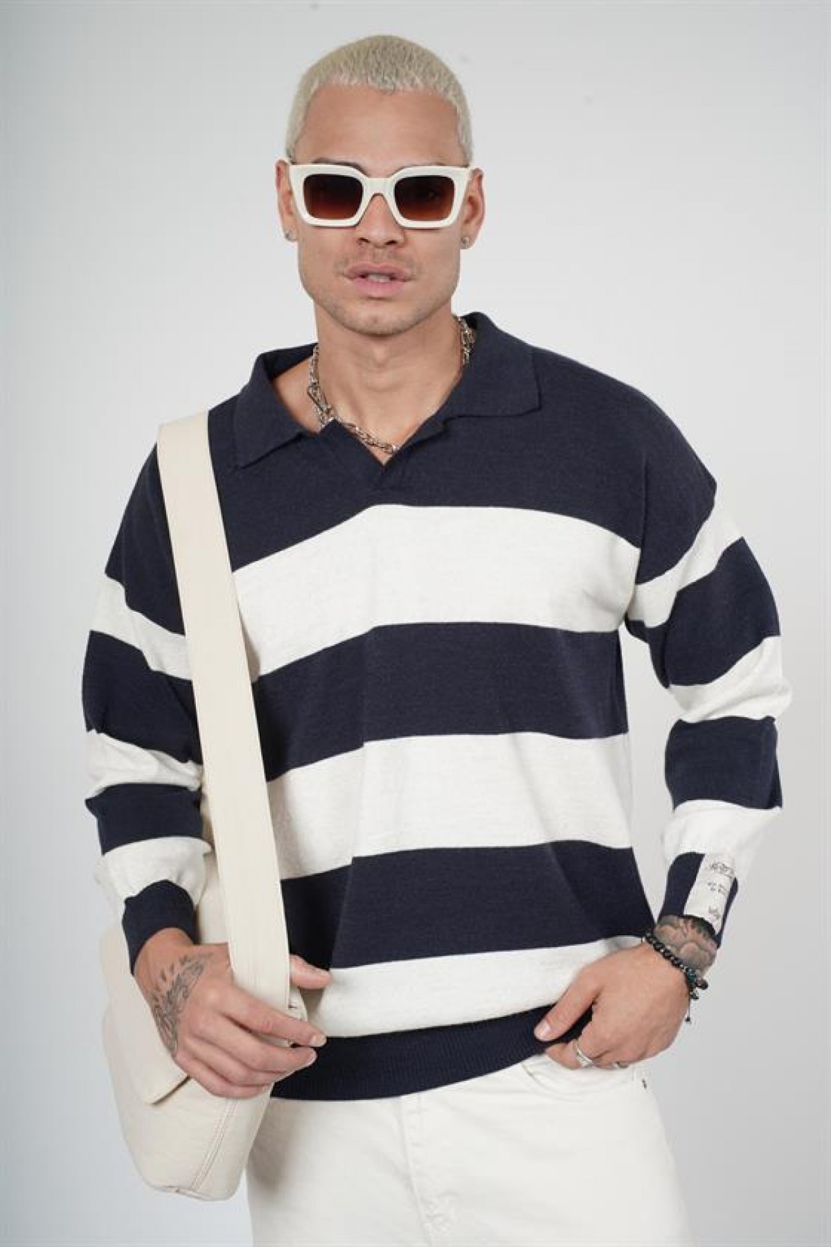 Polo Yaka Çizgili Erkek Oversize Kalıp Kazak S