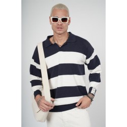 Polo Yaka Çizgili Erkek Oversize Kalıp Kazak S